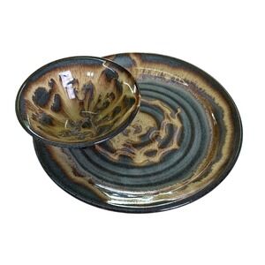 Hand Hewn Pottery Ceramic Soup Sandwich Plate Martindale NC Blue Brown‎ Glazed